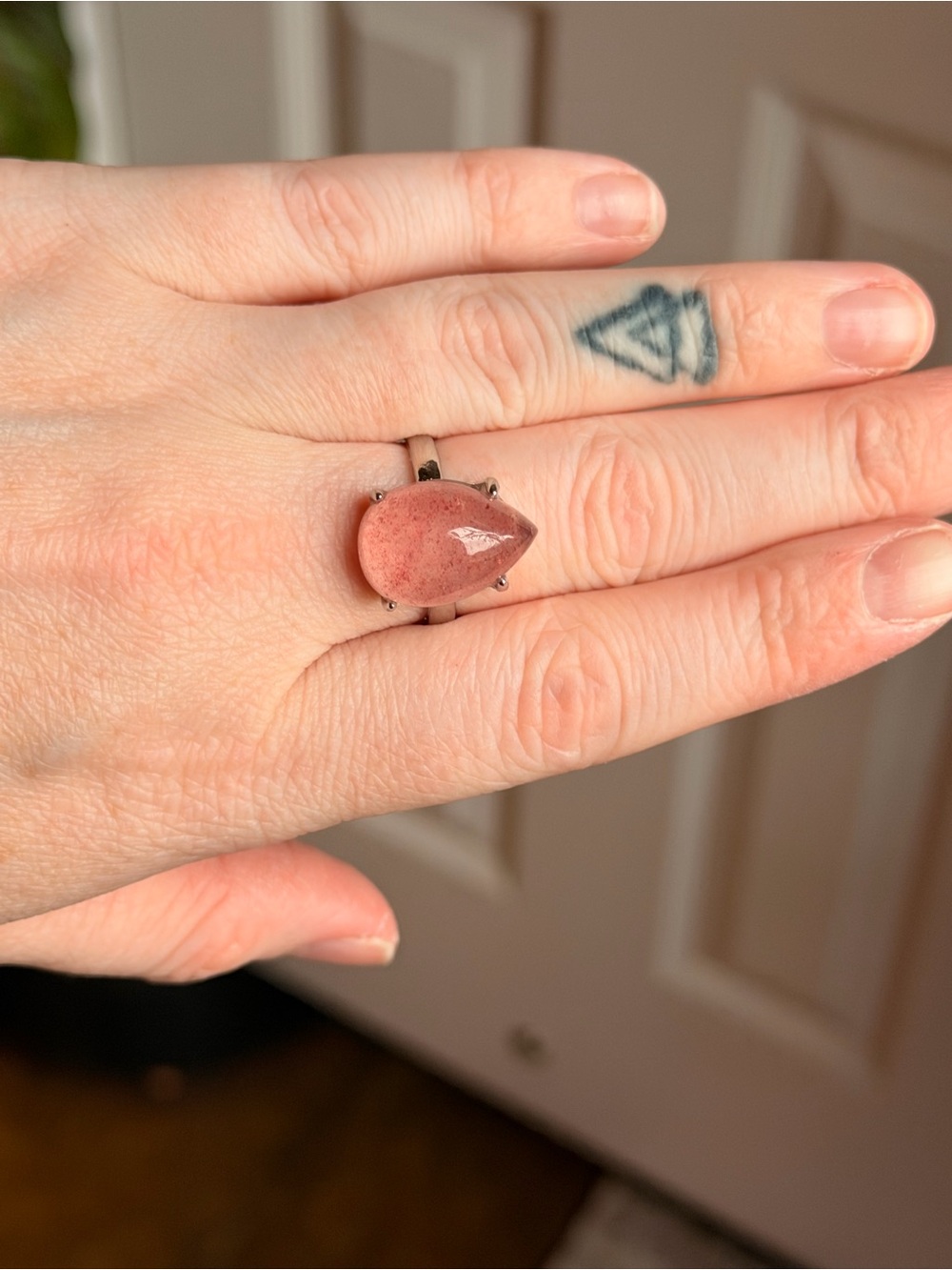 Strawberry Quartz Teardrop Stone Ring - adjustable size